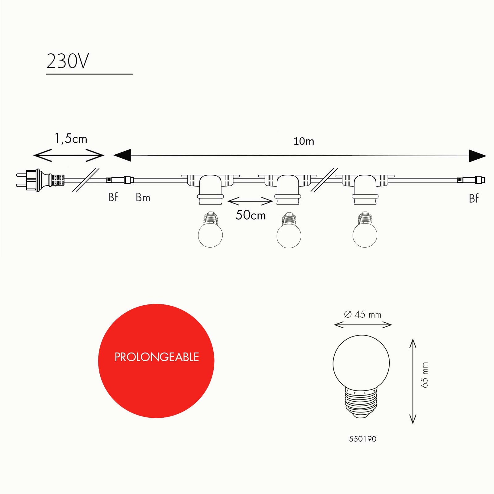 Guirlande guinguette e27 - 10m prolongeable - 10 douilles sans ampoule -  câble blanc - chromex